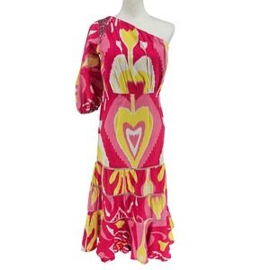 Sheridan French One Shoulder Tiered Midi Dress XS Pink Ikat Heart Beaded Boho